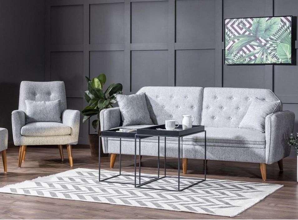 Ensemble Canapé 3 places convertible et 1 fauteuil tissu gris Touka - Photo n°1