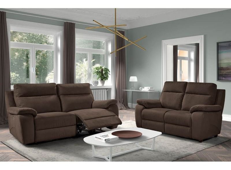 Ensemble canapé 3 places de relaxation électrique et 2 places fixe microfibre marron Brako - Photo n°1