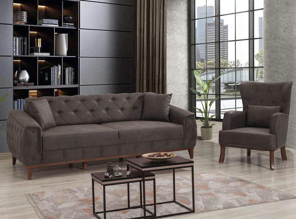 Ensemble canapé 3 places et fauteuil capitonné tissu anthracite Angela - Photo n°1