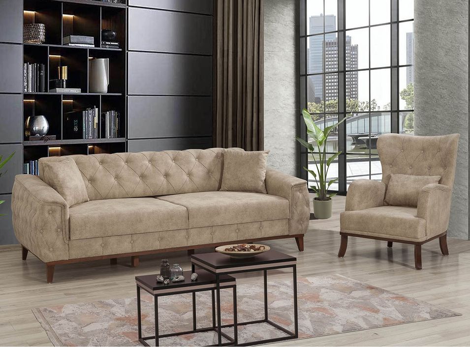 Ensemble canapé 3 places et fauteuil capitonné tissu beige Angela - Photo n°1