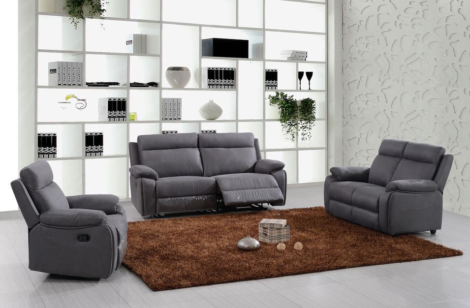 Ensemble canapé de relaxation 3 places électrique et 2 places fixe Microfibre Gris Rick - Photo n°1