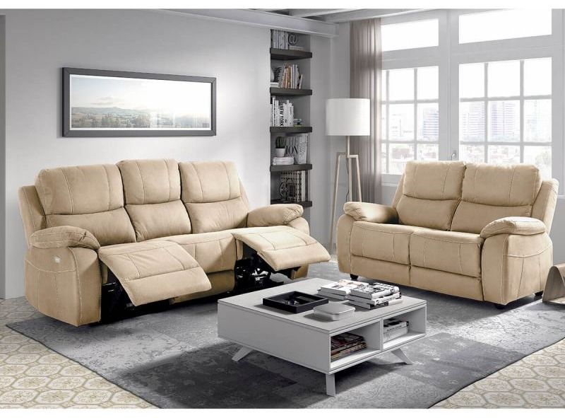 Ensemble canapé de relaxation électrique 3 places et 2 places fixe microfibre beige Brasko - Photo n°1