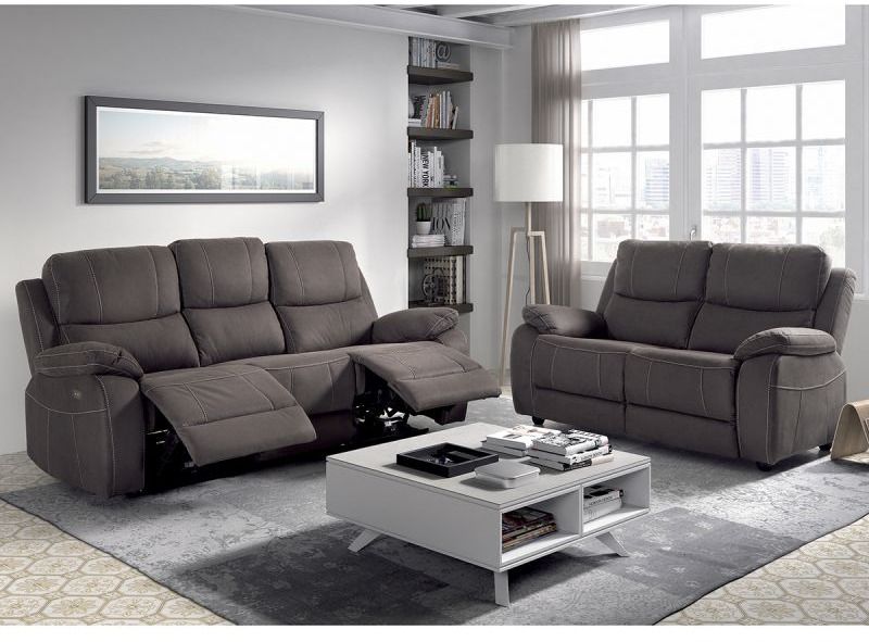 Ensemble canapé de relaxation électrique 3 places et 2 places fixe microfibre marron Brasko - Photo n°1