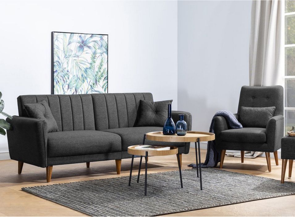 Ensemble canapé lit 3 places et 1 fauteuil tissu lin gris foncé et pieds bois naturel Shekal - Photo n°1