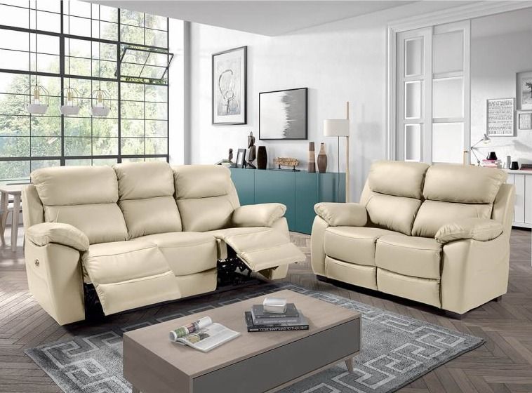 Ensemble canapé relax électrique 3 places et 2 places fixe cuir beige Valiza - Photo n°1