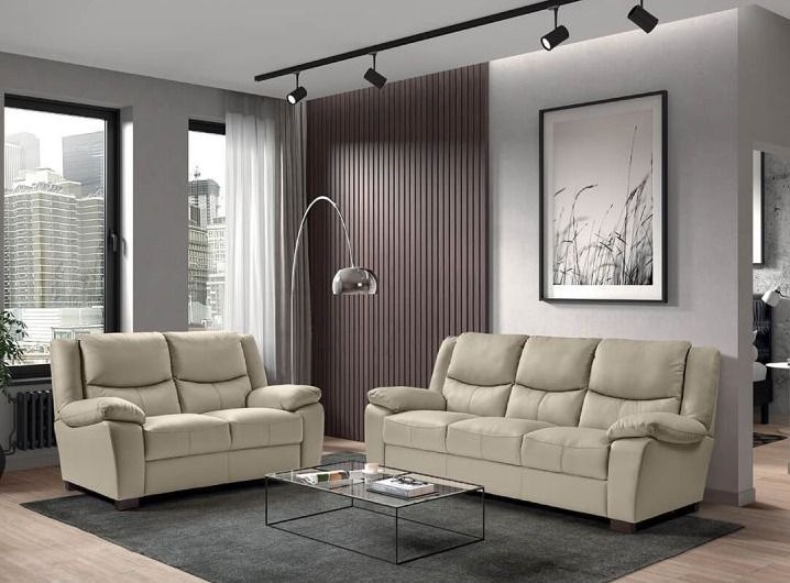 Ensemble canapés fixe 2 et 3 places cuir beige Maliza - Photo n°1