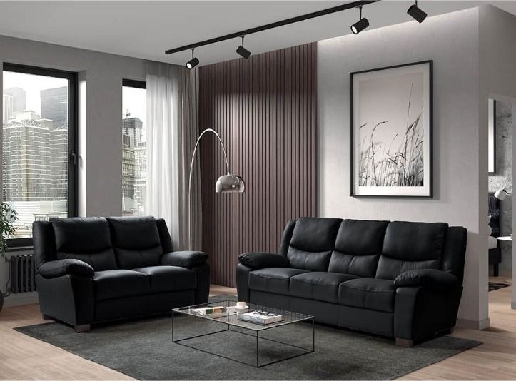 Ensemble canapés fixe 2 et 3 places cuir noir Maliza - Photo n°1