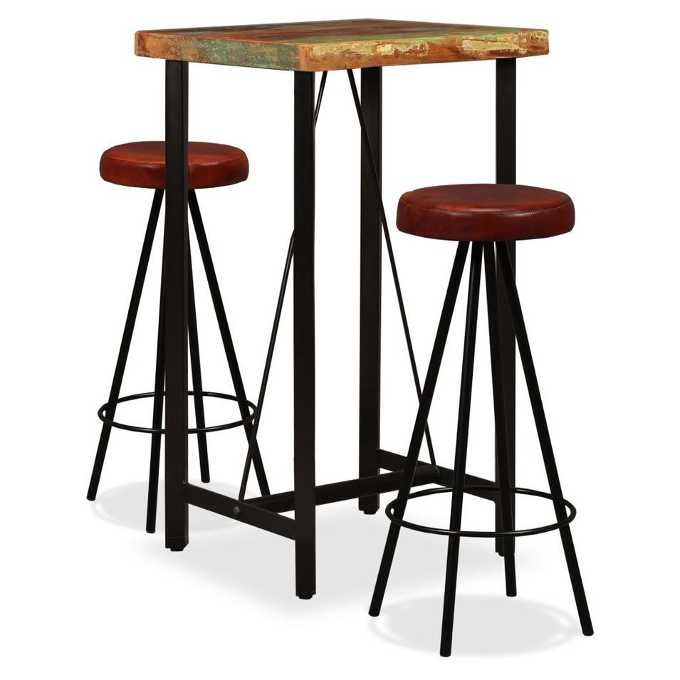 Ensemble de bar 3 pcs Bois massif recyclé et cuir véritable - Photo n°1