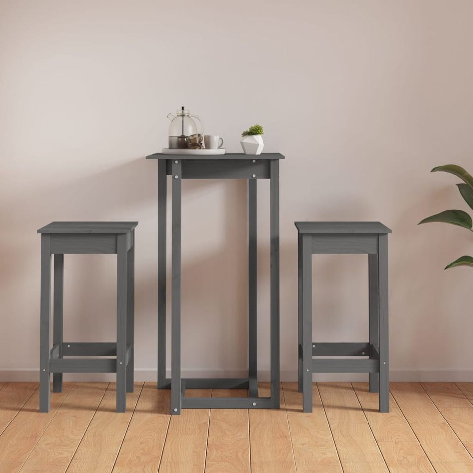 Ensemble de bar 3 pcs Gris Bois de pin massif - Photo n°1