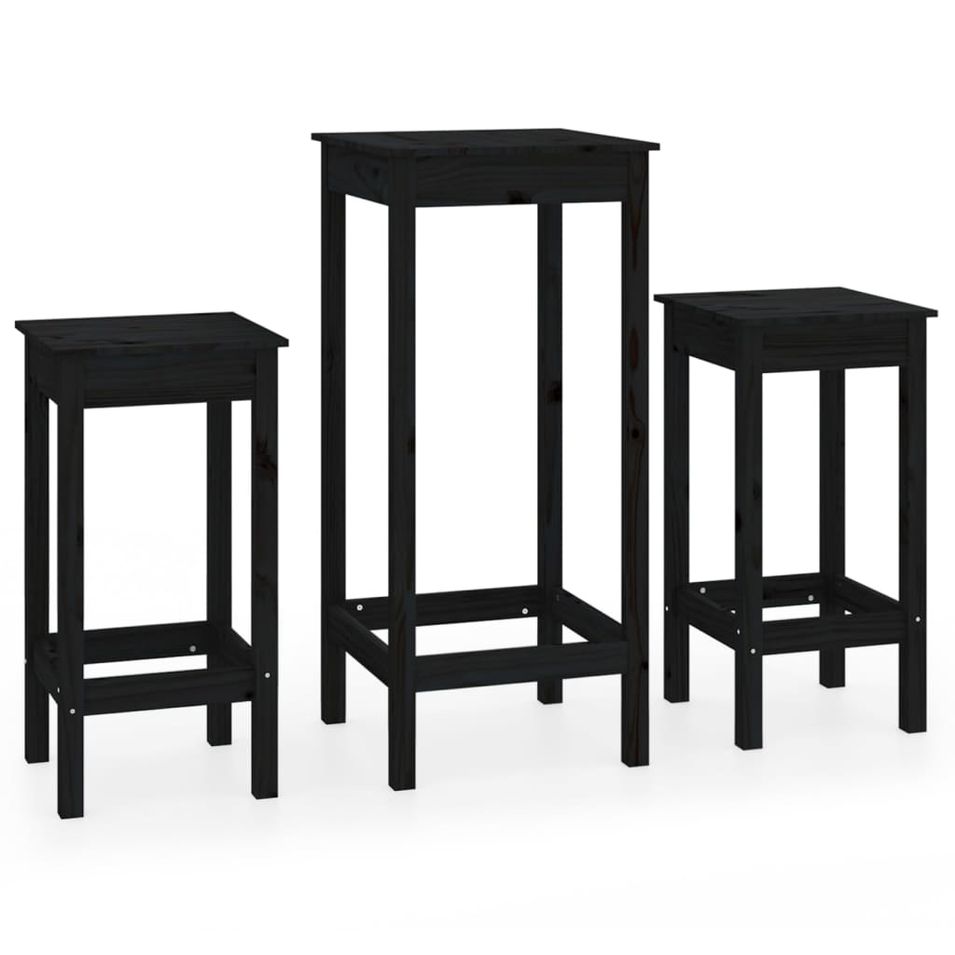 Ensemble de bar 3 pcs Noir Bois de pin massif - Photo n°1