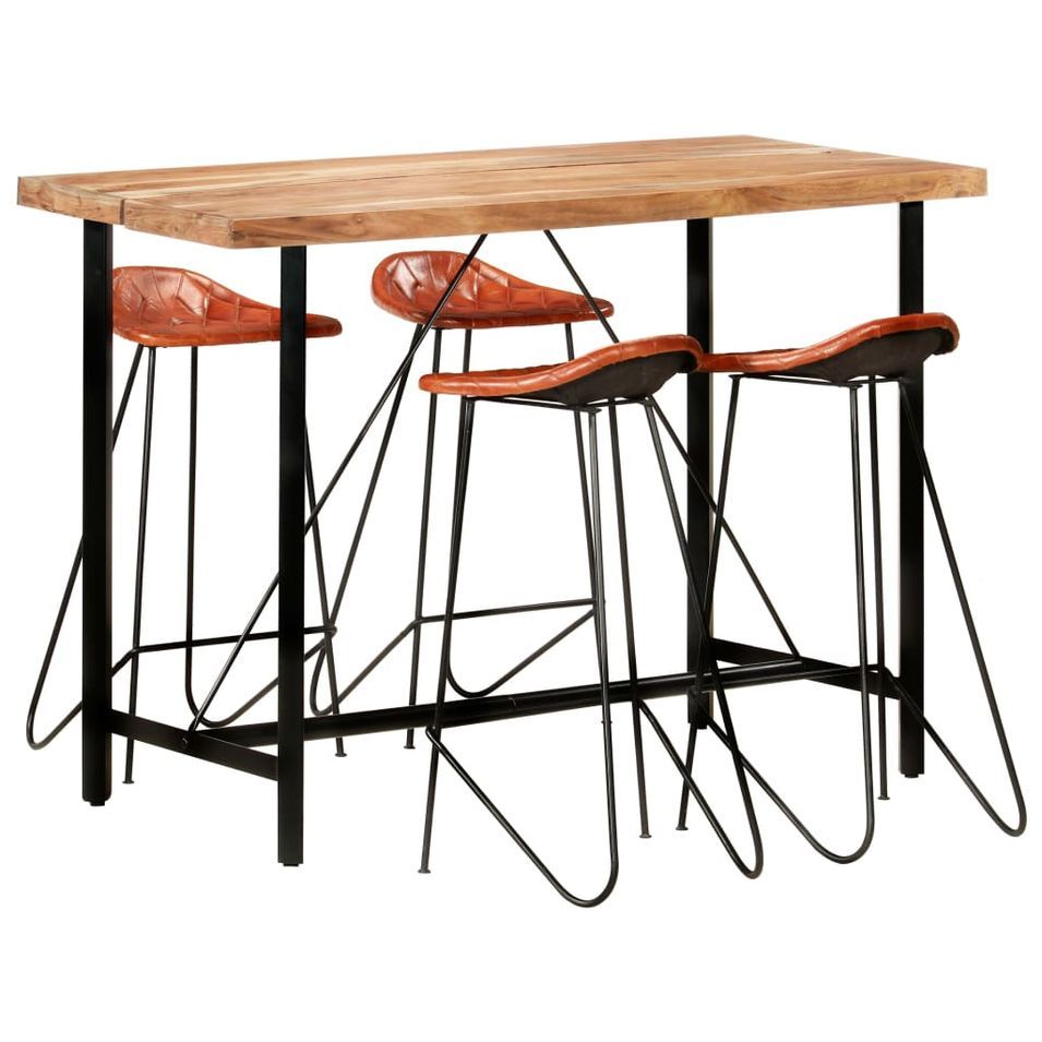 Ensemble de bar 5 pcs Bois solide et cuir véritable - Photo n°1