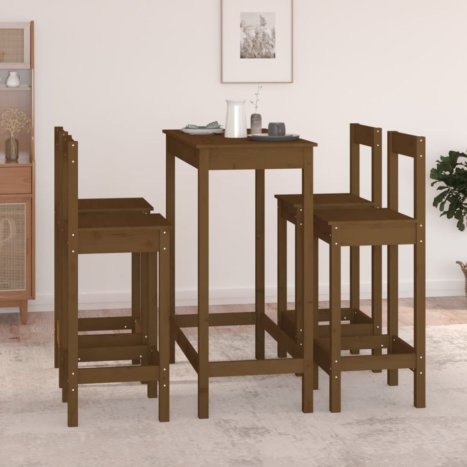 Ensemble de bar 5 pcs Marron miel Bois de pin massif - Photo n°1