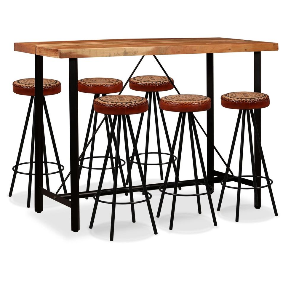 Ensemble de bar 7 pcs Bois d'acacia Cuir véritable et toile - Photo n°1