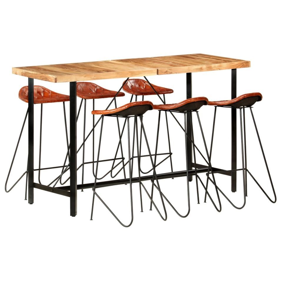 Ensemble de bar 7 pcs Bois d'acacia solide et cuir véritable - Photo n°1