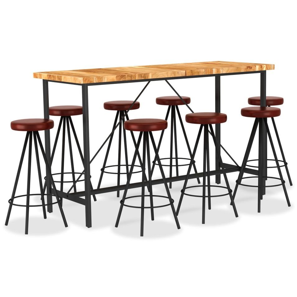 Ensemble de bar 9 pcs Bois d'acacia solide et cuir véritable 2 - Photo n°1