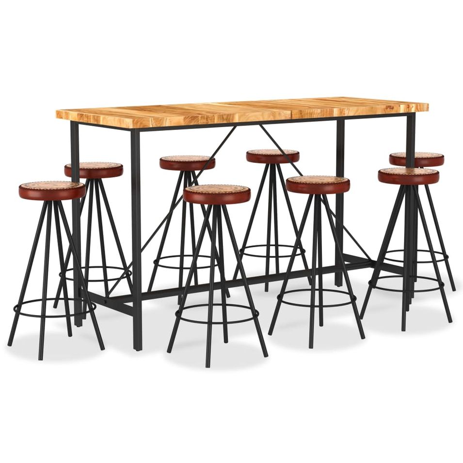 Ensemble de bar 9 pcs Bois d'acacia solide et cuir véritable - Photo n°1
