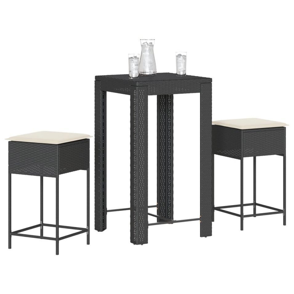 Ensemble de bar de jardin 3 pcs avec coussins noir poly rotin - Photo n°1