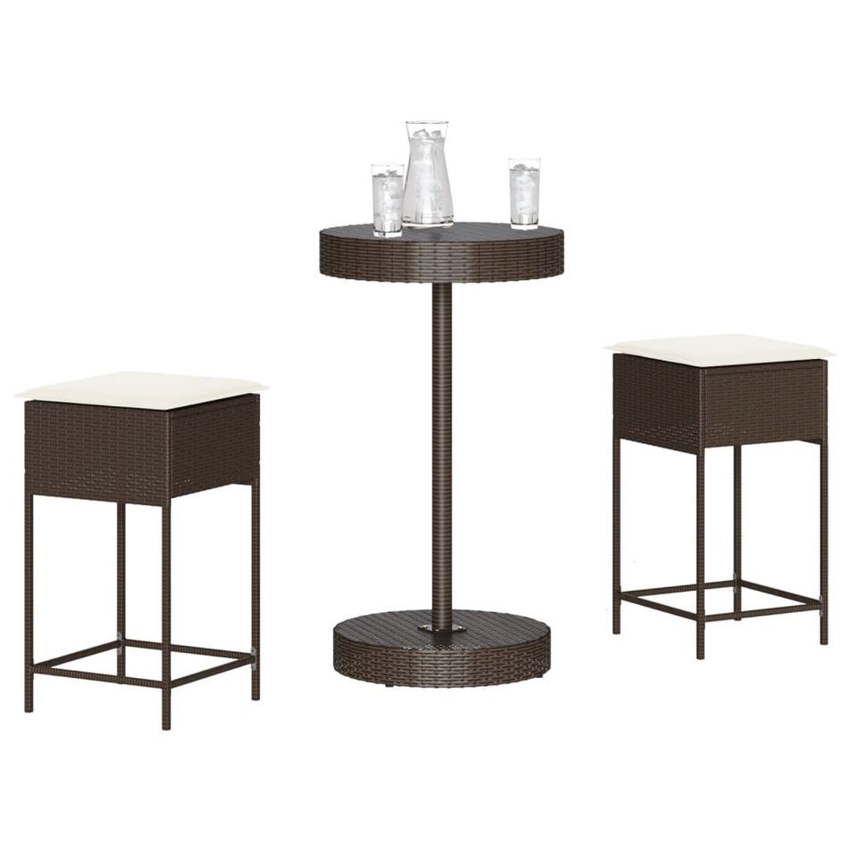 Ensemble de bar de jardin 3 pcs et coussins brun résine tressée - Photo n°1