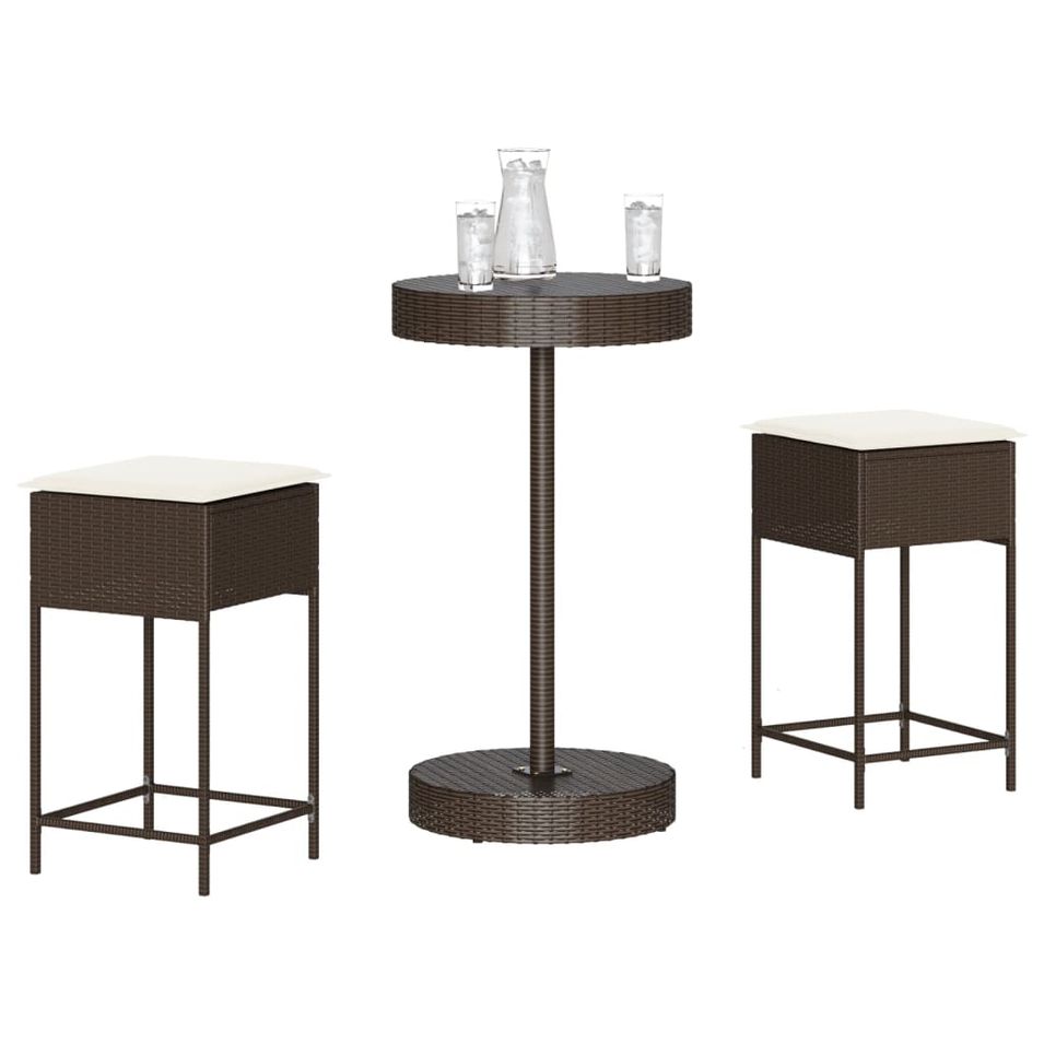 Ensemble de bar de jardin 3 pcs et coussins brun résine tressée - Photo n°1