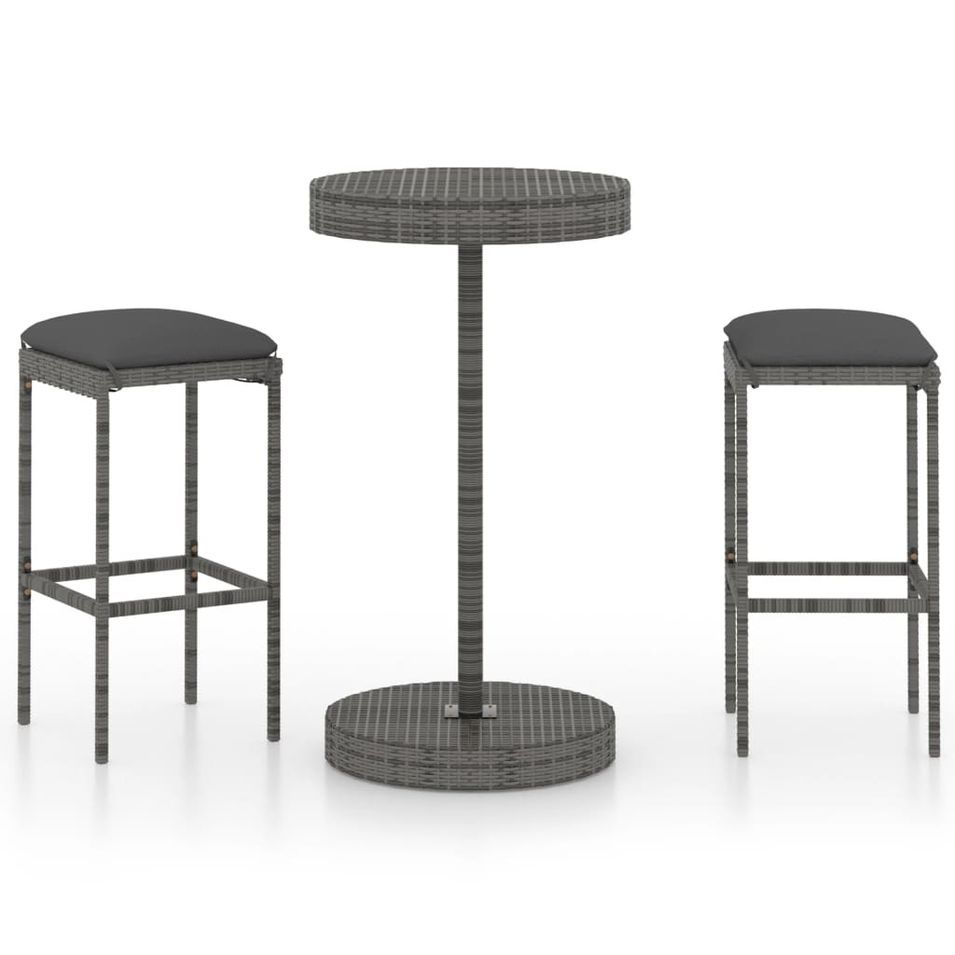 Ensemble de bar de jardin 3 pcs et coussins Résine tressée Gris 3 - Photo n°1