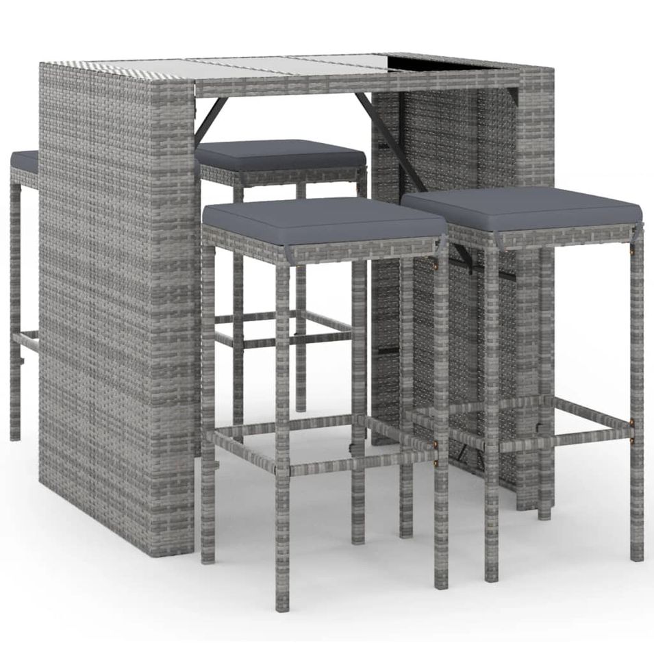 Ensemble de bar de jardin 5 pcs avec coussins gris poly rotin - Photo n°1
