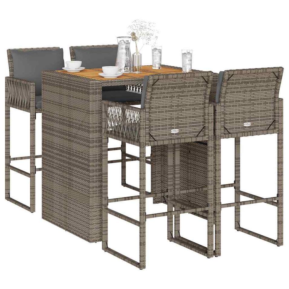 Ensemble de bar de jardin 5 pcs avec coussins gris poly rotin - Photo n°1