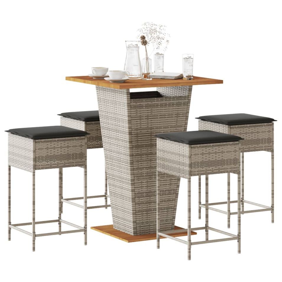Ensemble de bar de jardin 5 pcs avec coussins gris poly rotin - Photo n°1