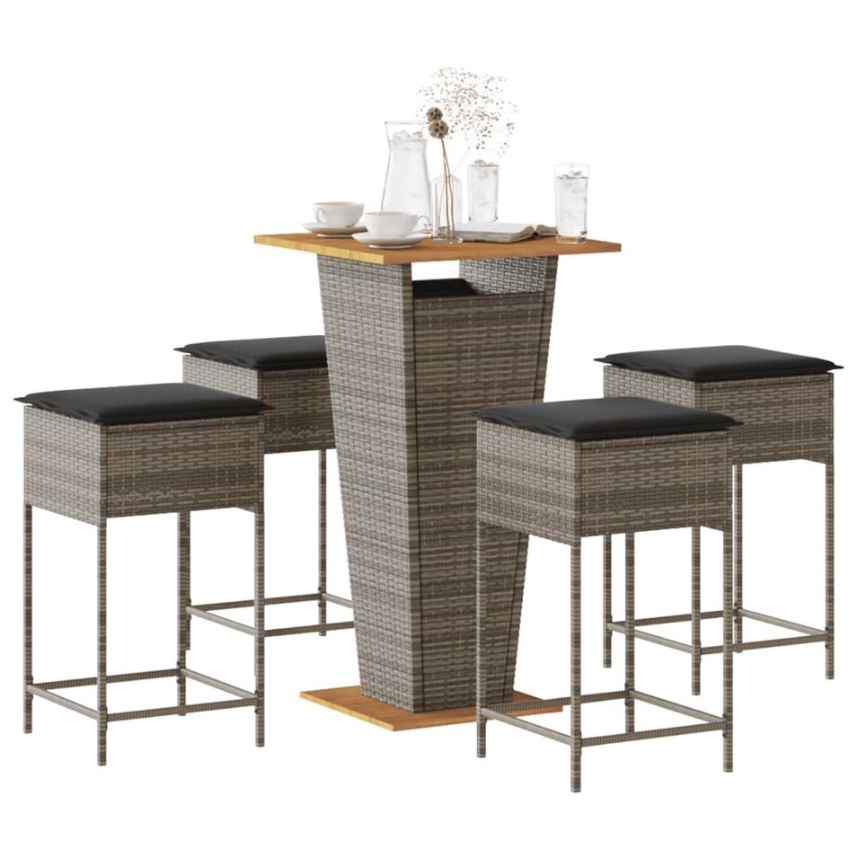 Ensemble de bar de jardin 5 pcs avec coussins gris poly rotin - Photo n°1
