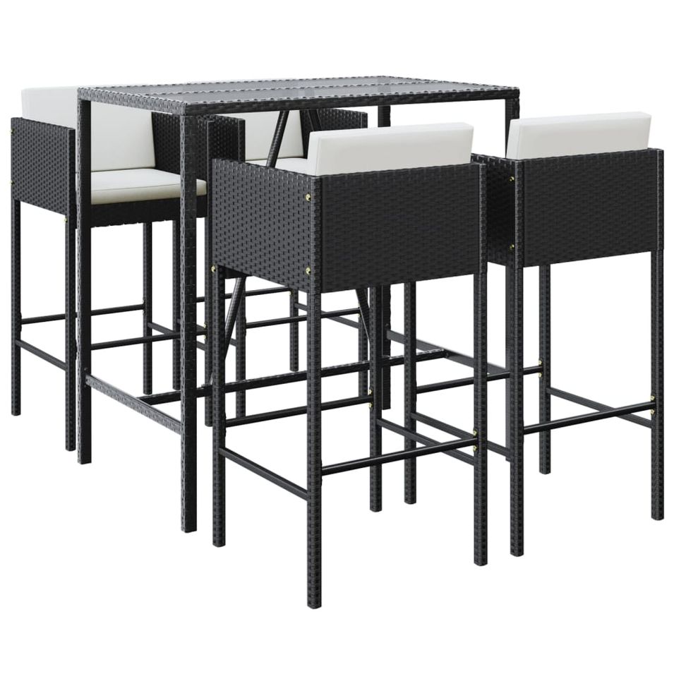 Ensemble de bar de jardin 5 pcs avec coussins noir poly rotin - Photo n°1