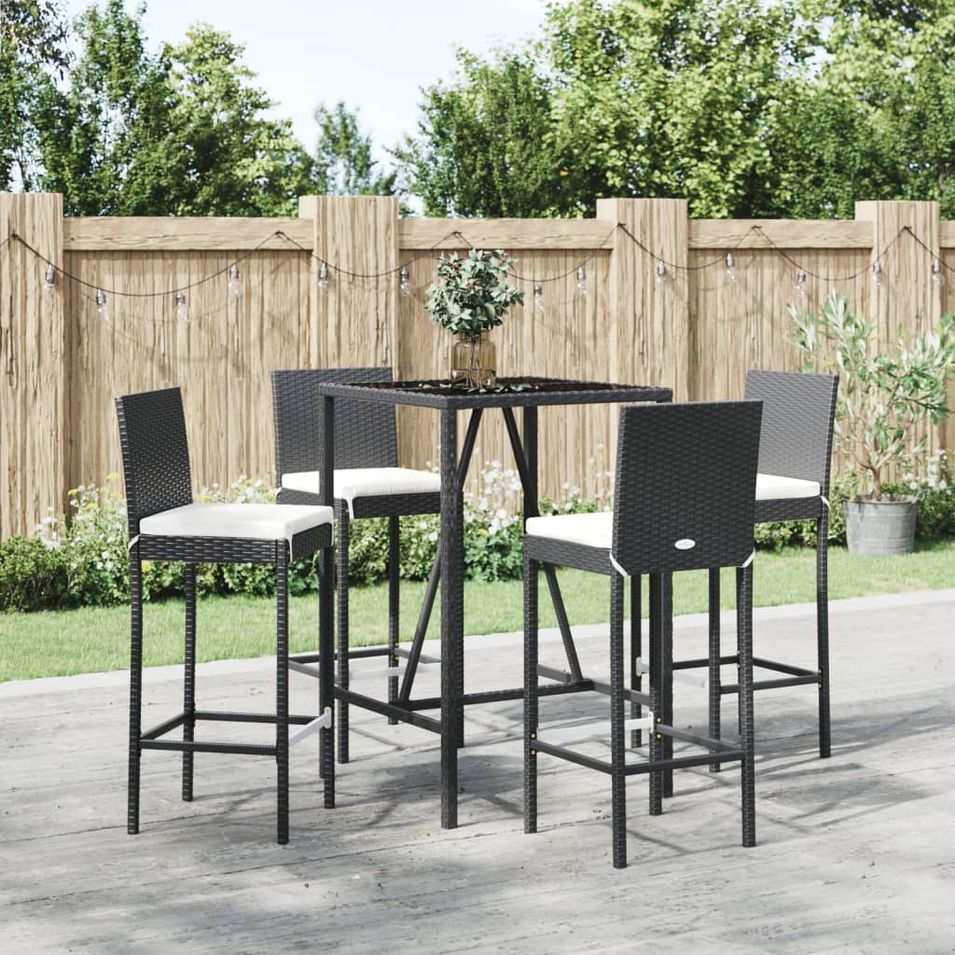 Ensemble de bar de jardin 5 pcs avec coussins noir poly rotin - Photo n°1