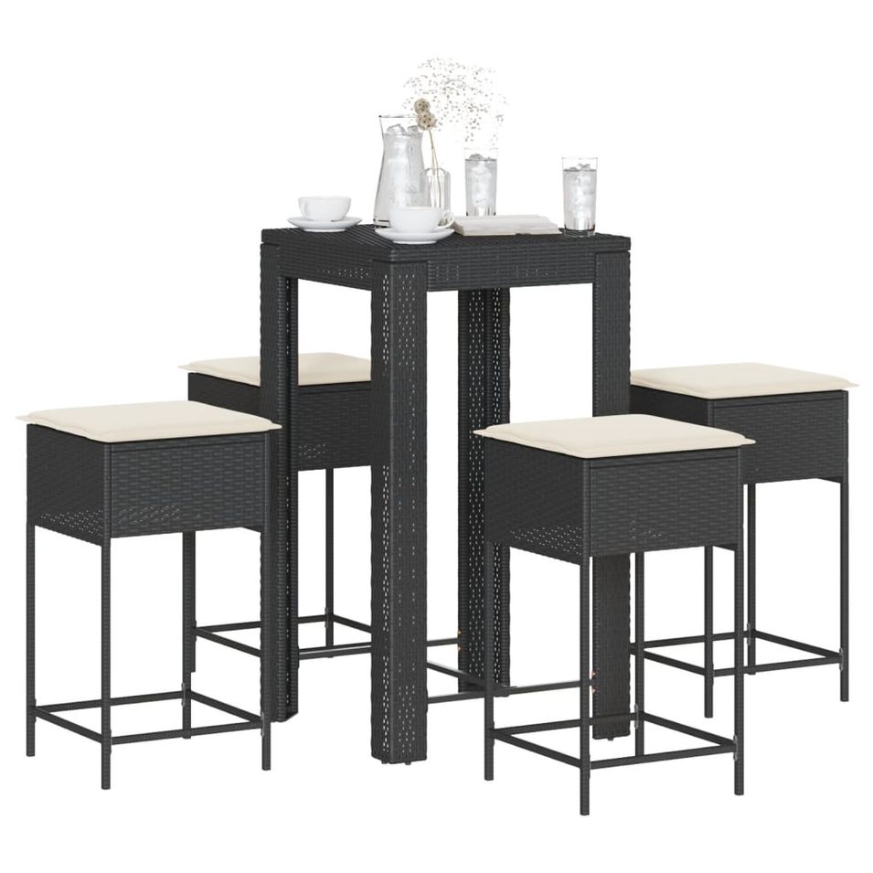 Ensemble de bar de jardin 5 pcs avec coussins noir poly rotin - Photo n°1