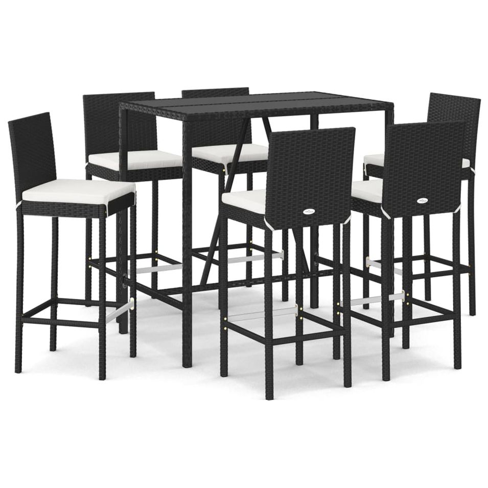 Ensemble de bar de jardin 7 pcs avec coussins noir poly rotin - Photo n°1
