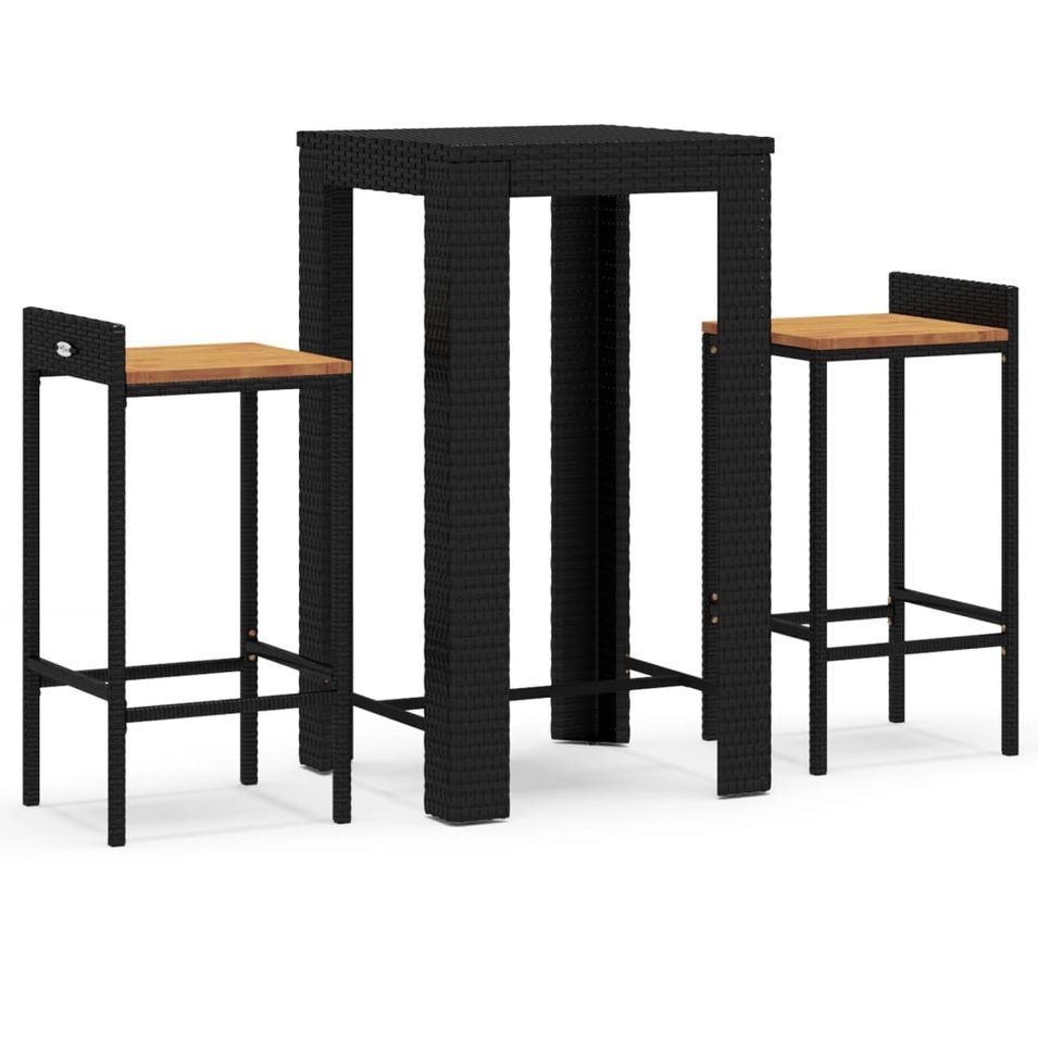 Ensemble de bar jardin 3 pcs noir poly rotin/bois massif acacia - Photo n°1