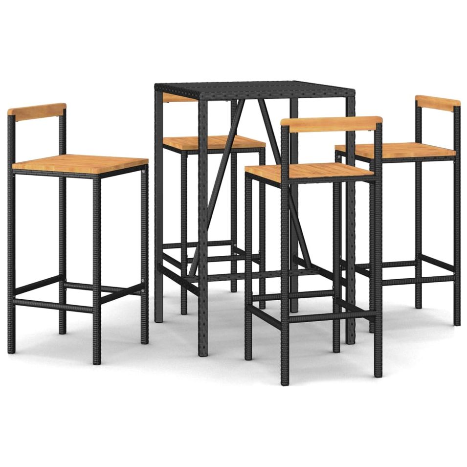 Ensemble de bar jardin 5 pcs noir poly rotin/bois massif acacia - Photo n°1