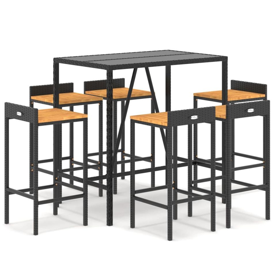 Ensemble de bar jardin 7 pcs noir poly rotin/bois massif acacia - Photo n°1