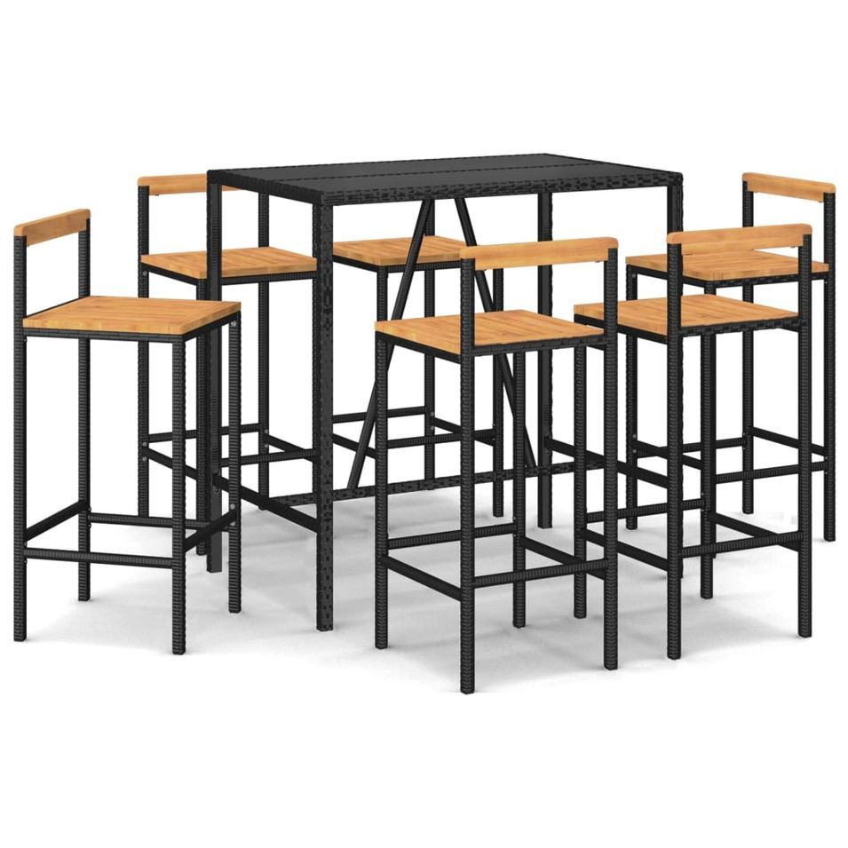Ensemble de bar jardin 7 pcs noir poly rotin/bois massif acacia - Photo n°1