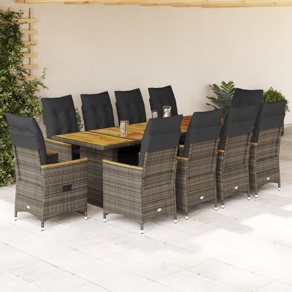Ensemble de bistro de jardin 11 pcs coussins gris poly rotin - Photo n°1
