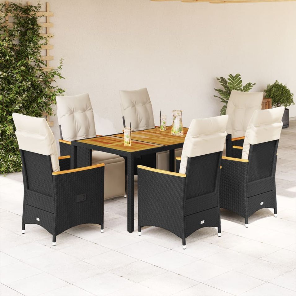 Ensemble de bistro de jardin 7 pcs coussins noir poly rotin - Photo n°1
