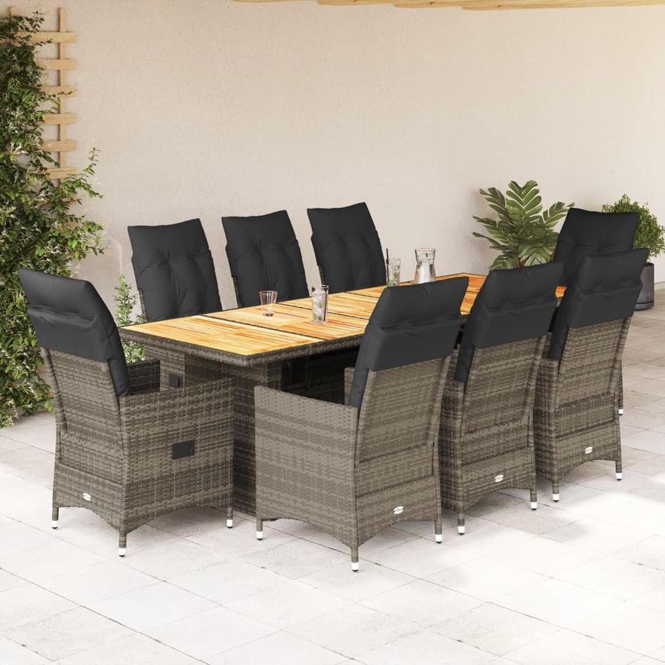 Ensemble de bistro de jardin 9 pcs coussins gris poly rotin - Photo n°1
