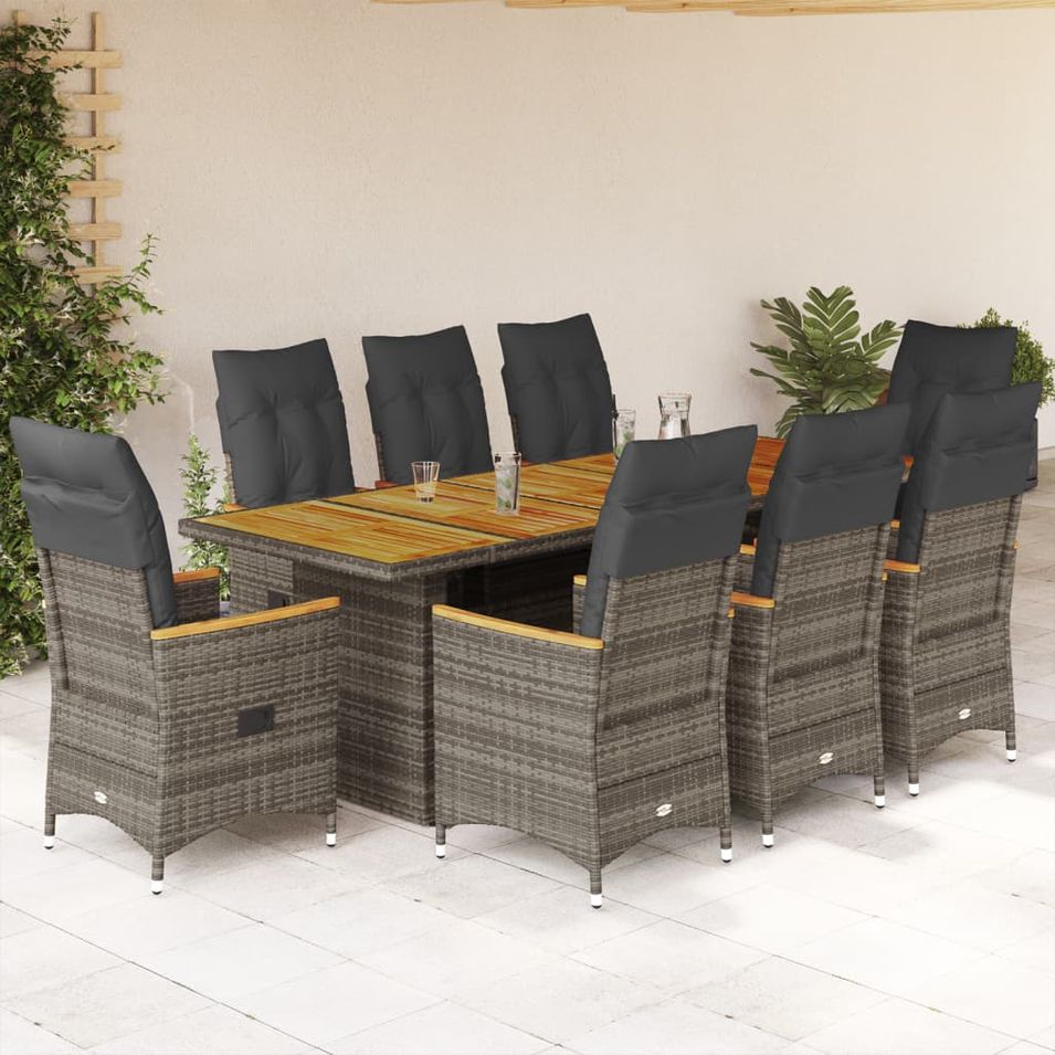 Ensemble de bistro de jardin 9 pcs coussins gris poly rotin - Photo n°1