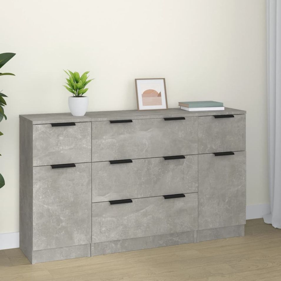 Ensemble de buffets 3 pcs Gris béton Bois d'ingénierie - Photo n°1