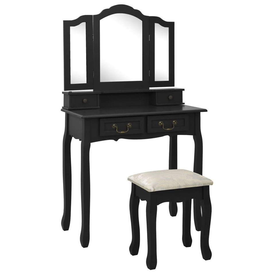 Ensemble de coiffeuse avec tabouret Noir 80x69x141 cm Paulownia - Photo n°1