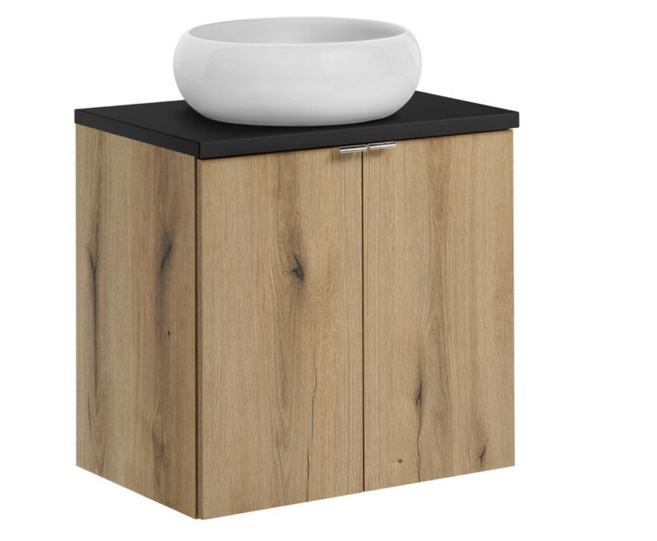 Ensemble de meuble salle de bain 2 portes NOVA OAK 60 cm avec 1 vasque blanche à poser WIKI - Photo n°1