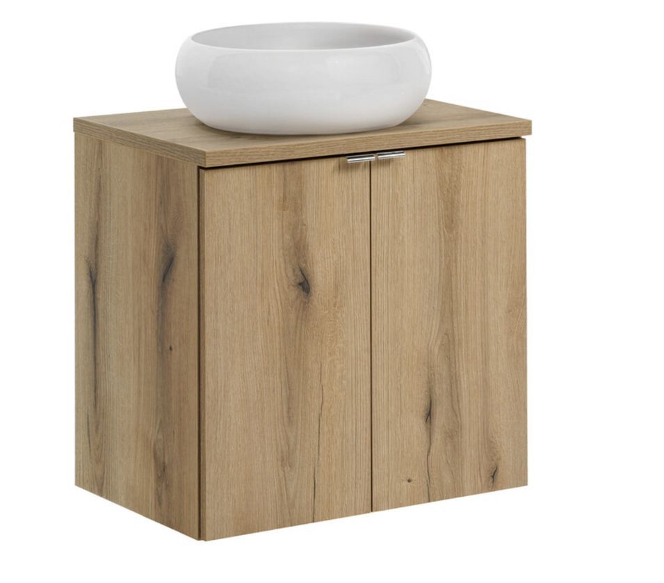 Ensemble de meuble salle de bain 2 portes NOVA OAK 60 cm avec 1 vasque blanche à poser WIKI - Photo n°1