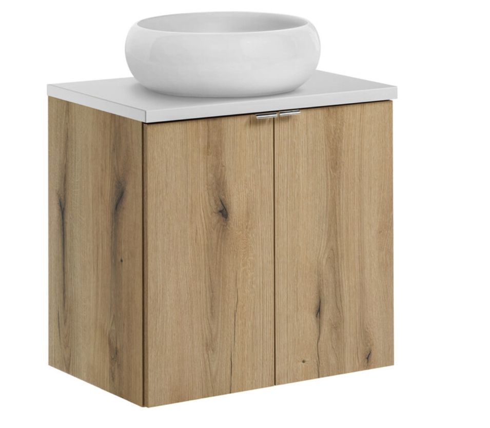 Ensemble de meuble salle de bain 2 portes NOVA OAK 60 cm avec 1 vasque blanche à poser WIKI - Photo n°1