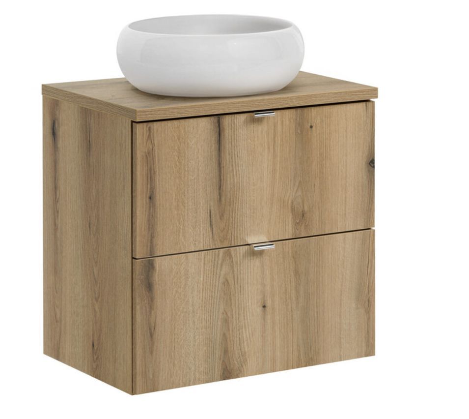 Ensemble de meuble salle de bain 2 tiroirs NOVA OAK 60 cm avec 1 vasque blanche à poser WIKI - Photo n°1