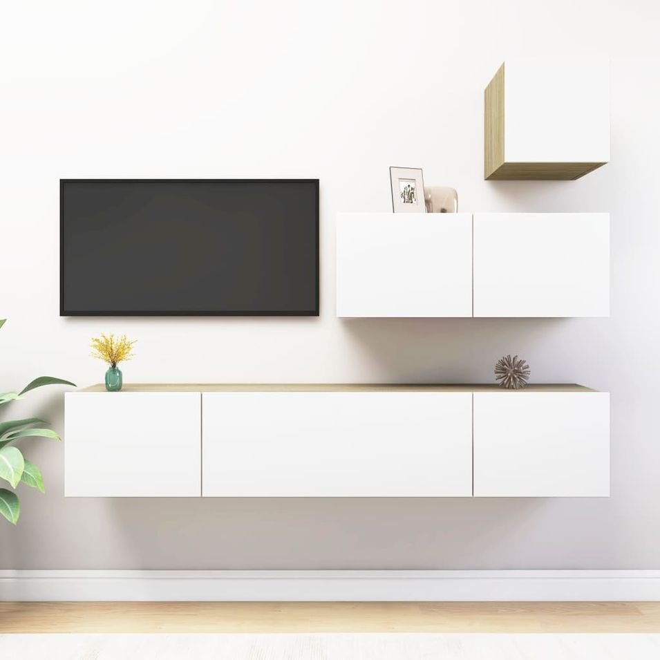 Ensemble de meuble TV 4 pcs Blanc et chêne sonoma 17 - Photo n°1