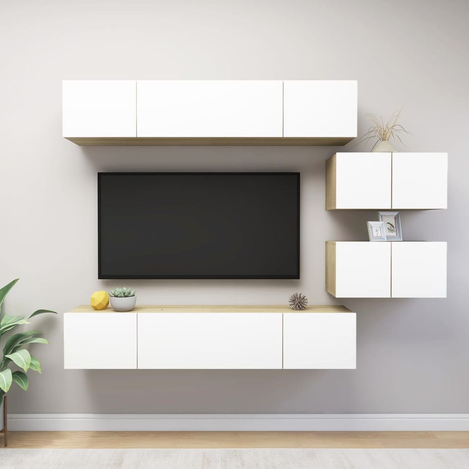 Ensemble de meuble TV 6 pcs Blanc et chêne sonoma 12 - Photo n°1