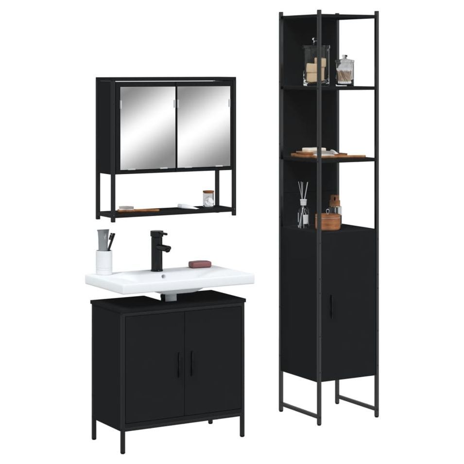 Ensemble de meubles salle de bain 3 pcs noir bois d'ingénierie - Photo n°1