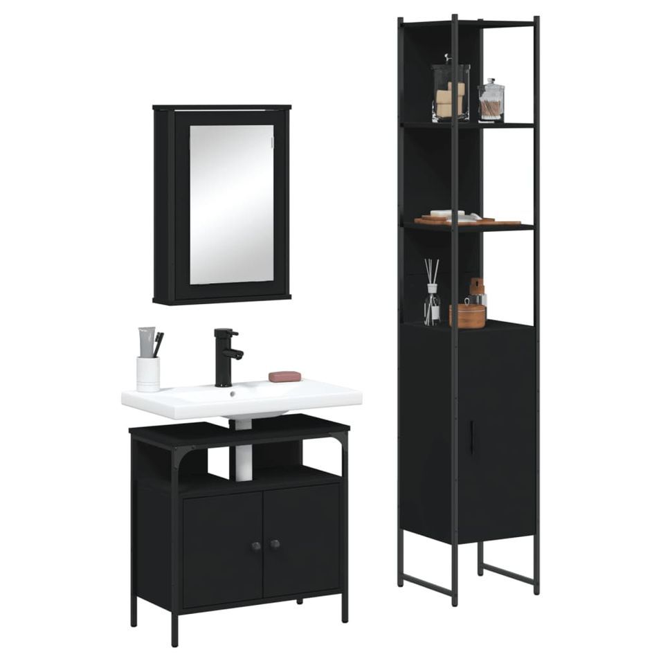 Ensemble de meubles salle de bain 3 pcs noir bois d'ingénierie - Photo n°1